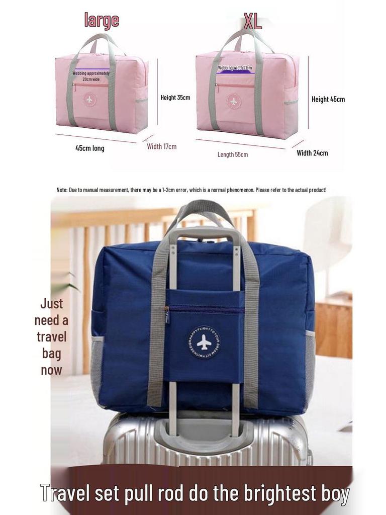 Compact travel bag: suitcase-compatible, hand-held, features an external pocket, handle slip-over design, with matching accessory bag.
