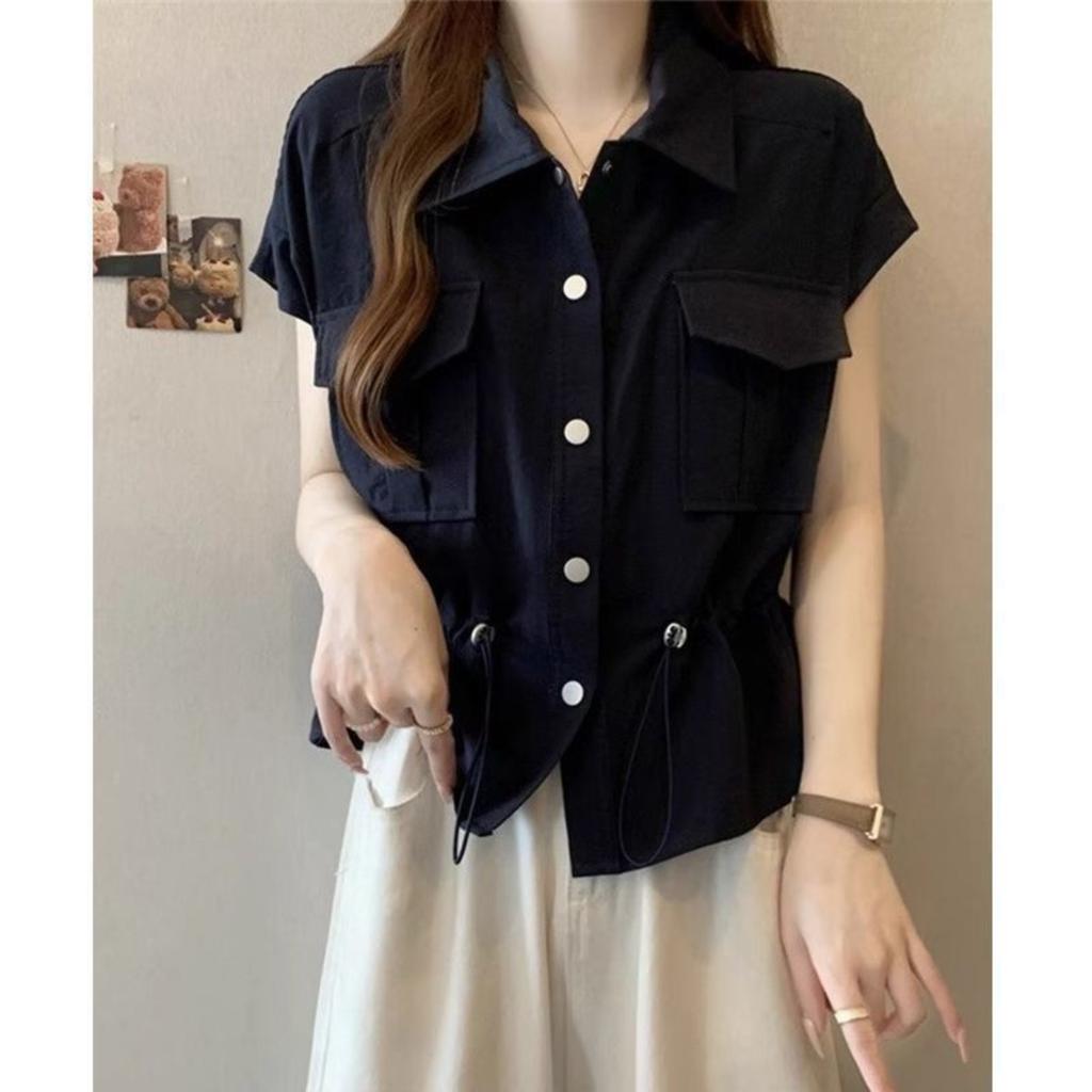 Belly,covering PLOL Collar Workwear Shirt For Women, Summer Plus,size Slimming Drawstring Casual Top