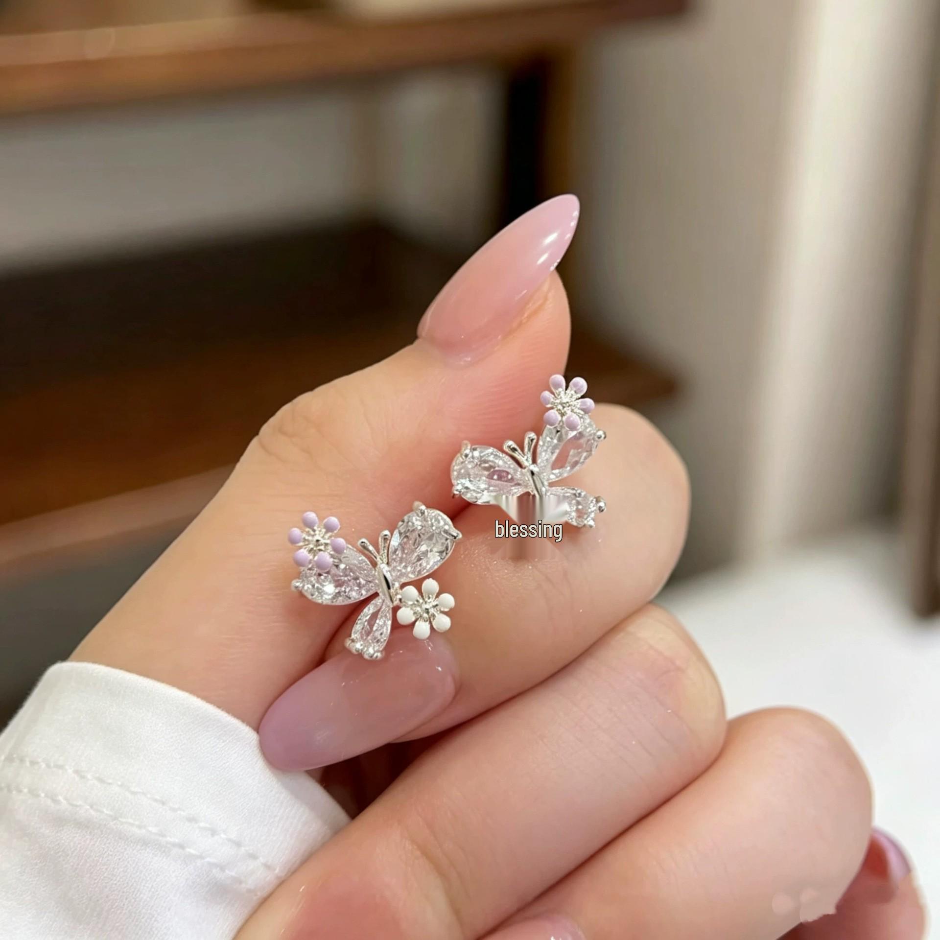 French Purple  White Butterfly Zircon Flower Stud Earrings: Elegant, Fresh  Exquisite Lady s Ear Ornaments.