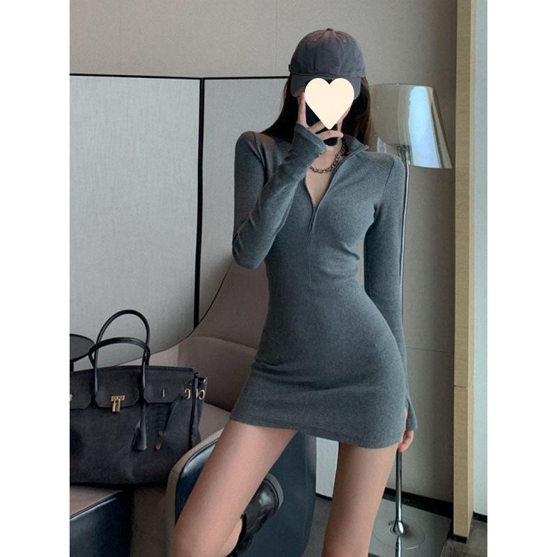 2024 Czarna Sukienka z Długim Rękawem Owijana na Ramieniu Zapinana na Zamek: Wyszczuplająca, seksowna bielizna na jesień i zimę.