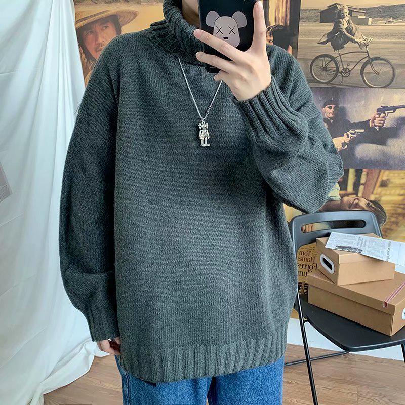 Men's Solid Color Slim Mid-Neck Sweater - Knitted Turtleneck for Autumn/Winter