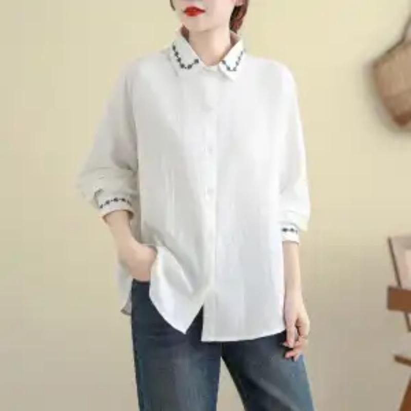 Button Lapel Cardigan Embroidered Long-sleeved Shirt for Women Autumn and Winter Literary and Versatile Loose Casual Top