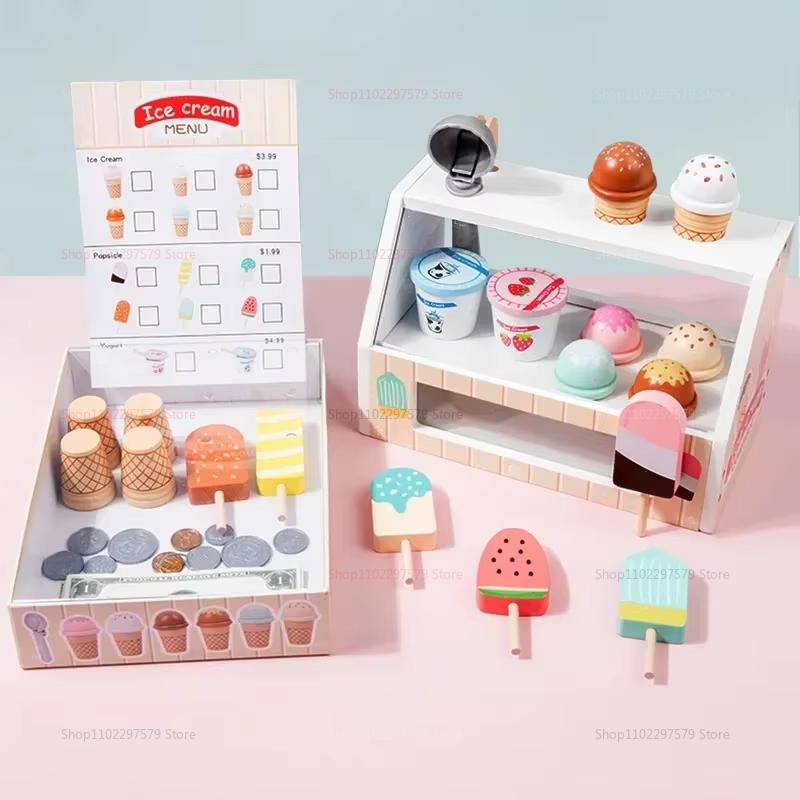 Ice Cream Counter Playset For Kids Montessori Pretend Play Food Toys Kitchen Accessories With Coin Role Play For Kids Girls Boys