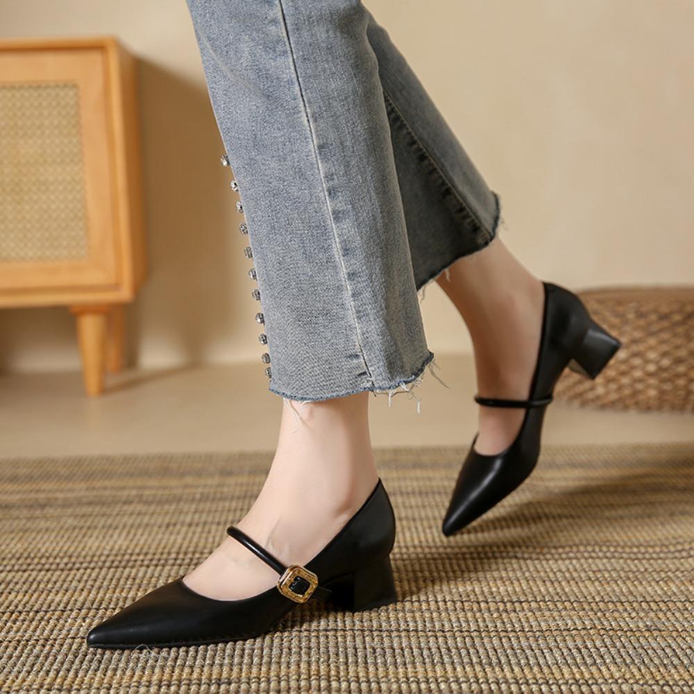 Retro French Single Shoes Women's New Versatile Pointed Heel Mary Jane Women's Shoes Thick Heel Summer High Heels for Ladies