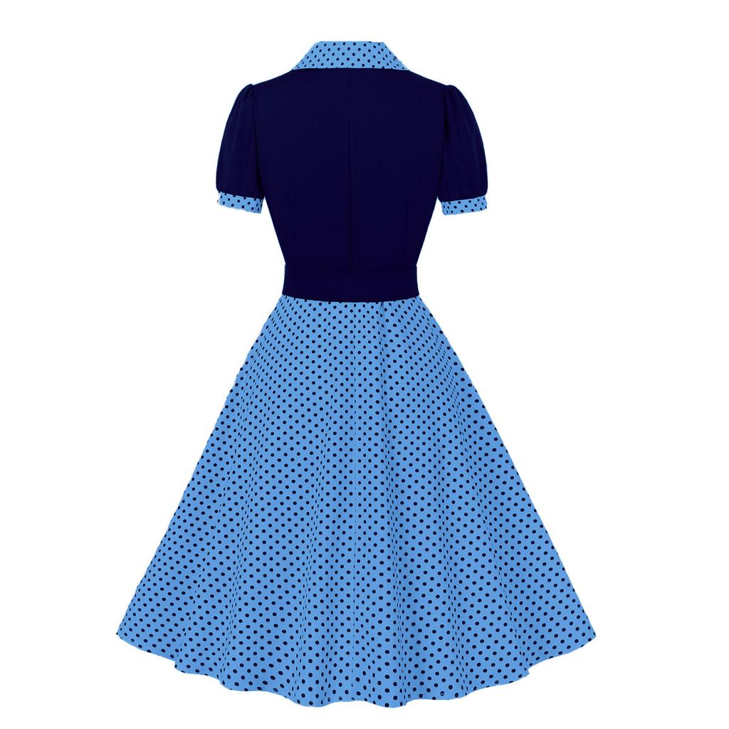 Wiosna i Jesień Moda Europejska i Amerykańska Odzież Damska Grochy Talia Retro Spódnica z Dużym Kołem Sukienka Codzienna