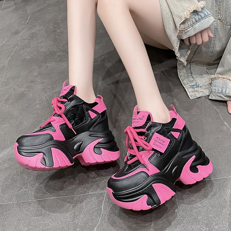 Fashion Women High Platform Casual Leather Shoes 2025 New Autumn Lace-up Chunky Sneakers 10.5CM Wedges Hidden Heels Leisure Shoes Woman