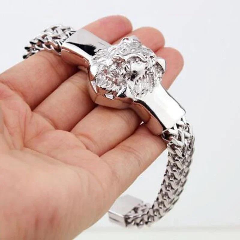 Domineering Lion Head Animal Bracelet Men\'s Stainless Steel Braided Chain Wristband Bracelet Hip Hop Jewelry