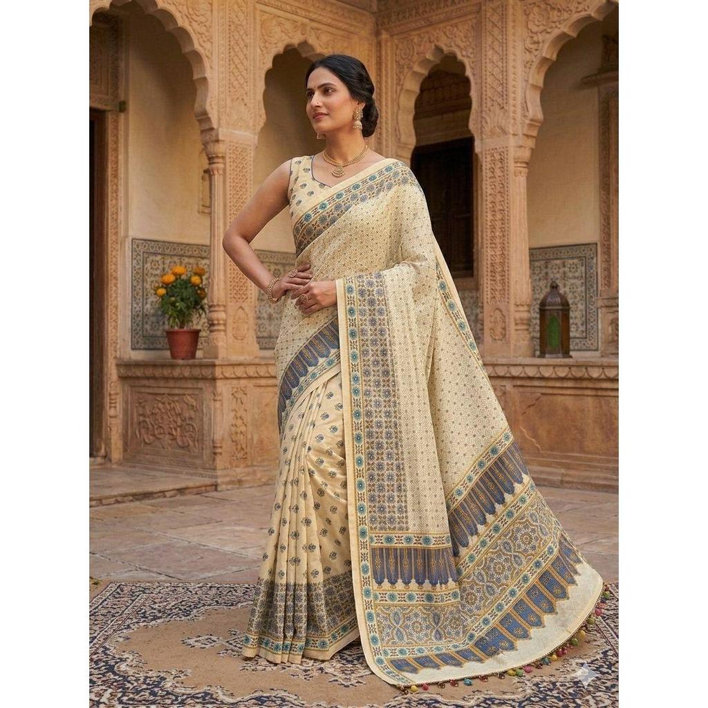 New Launch – Designer Chinnon Ajrak Saree with Real Mirror Work & Premium Kodi Lace Border