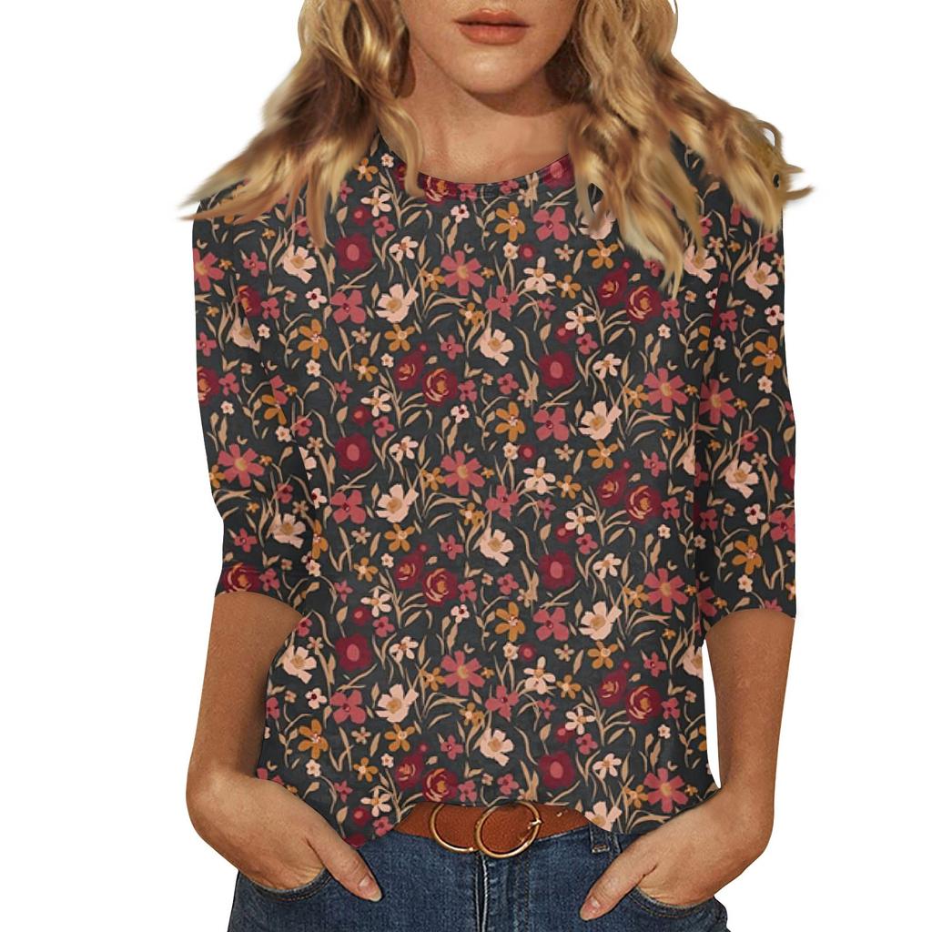 Female Clothing Delicate Fashion T-Shirts Floral Round Neck Printed Summer Women Pullover Daily Wear Vetement Femme