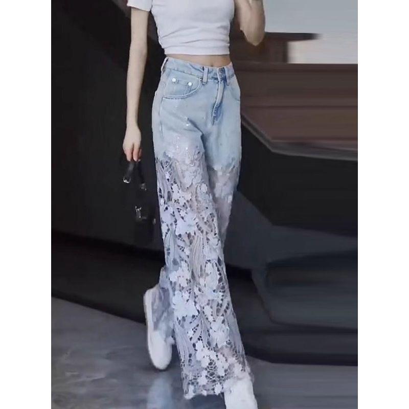 Hollow-Out Lace Patchwork Jeans for Women, Summer Thin Style, 2026 New Model, Petite Ripped Loose Straight Wide-Leg Pants