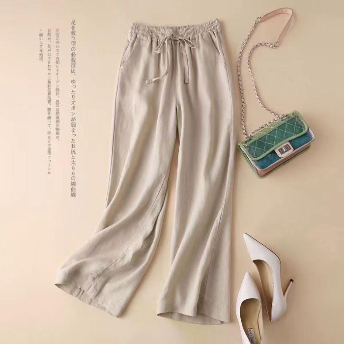 Women's High-Waisted Cotton-Linen Wide-Leg Pants - 2024 Summer Slimming, Versatile, Loose, Straight-Leg Design