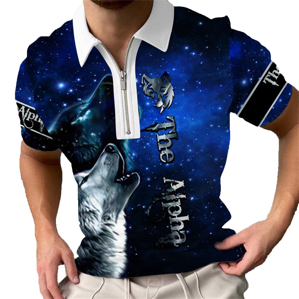 Wolf Buchstaben 3D Druck Reißverschluss Poloshirts Herren Sportwear T-Shirt Tiermuster Kurzarm Sommer Polos Top Männer
