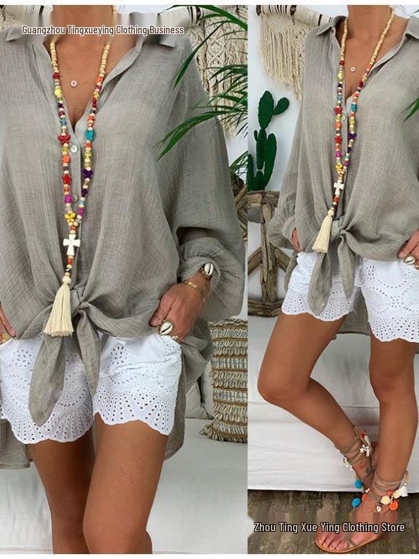 Plus Size Women's Cotton & Linen Long Sleeve Casual Button-Up Shirt