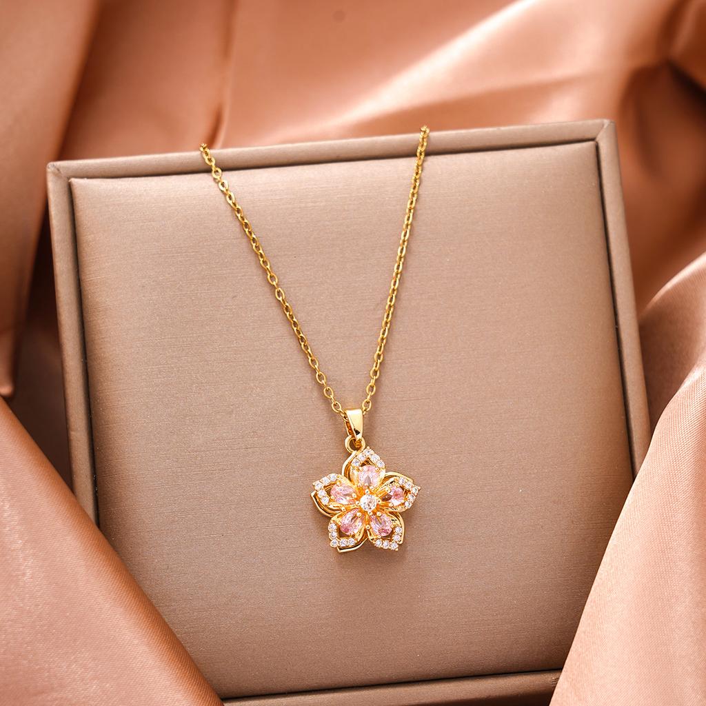 Stainless Steel Gold Plated Romantic Rotatable Flower Zirconia Pendant Necklace For Women Girls Charm Luxury Jewelry