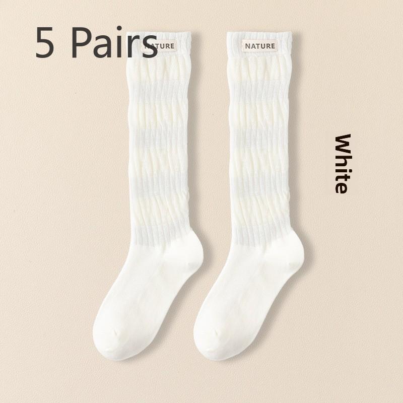 5 Pairs Women's Long Spring and Autumn Thin Boneless Cotton Mesh Slim Pile Summer Long Calf Socks