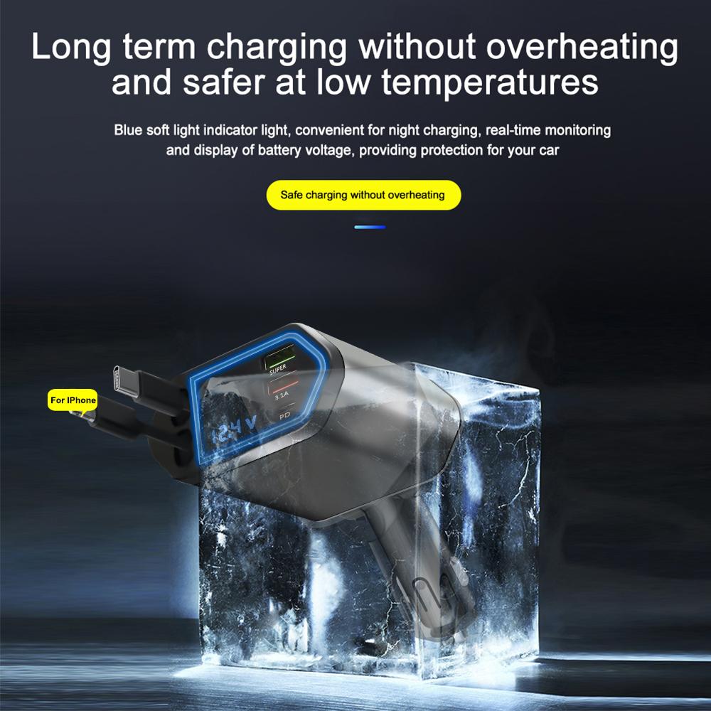 120W 5 In 1 Retractable Car Charger USB C Cable 3 Ports with Retractable Cords with Volt Display For IPhone Huawei Samsung