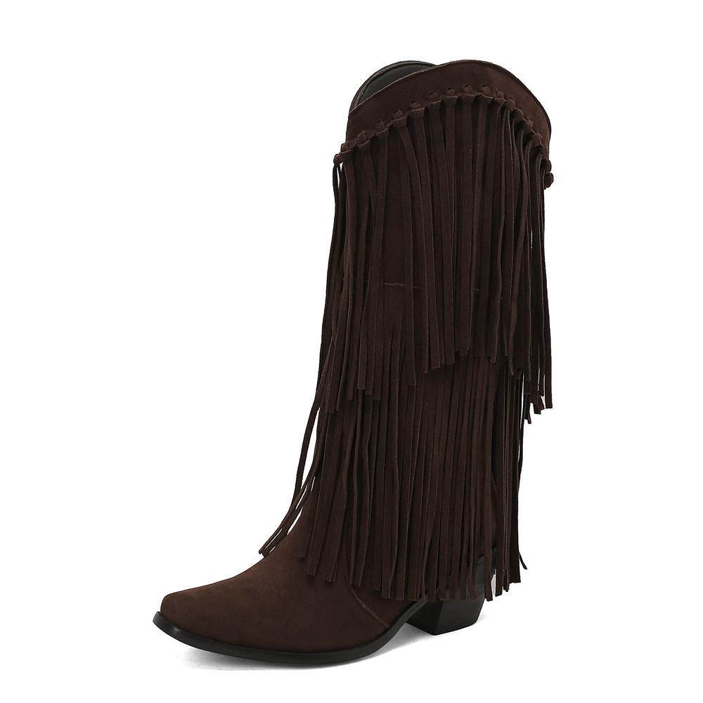 Fashion Fashion Autumn Winter Ethnic Woman Bohemian Flock Tassle Hidden Moccasin High Heels Mid-Calf Boots Fringe Female Slip On Shoes