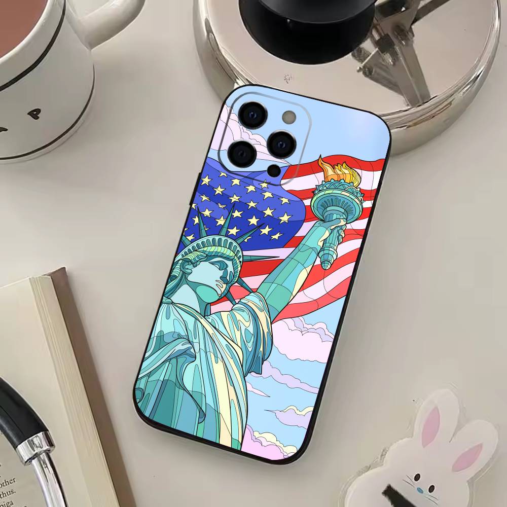 Statue Liberty America USA Flag Phone Case For iPhone 17,16,15,14,13,12,11 Plus,Pro Max,XS,Soft Black Cover