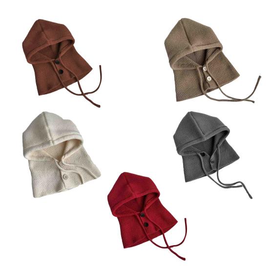 Knitting Hat Solid Color Buttons Closure Drawstring Hooded Scarf Women Winter Warm Windproof Elastic Thermal Hat