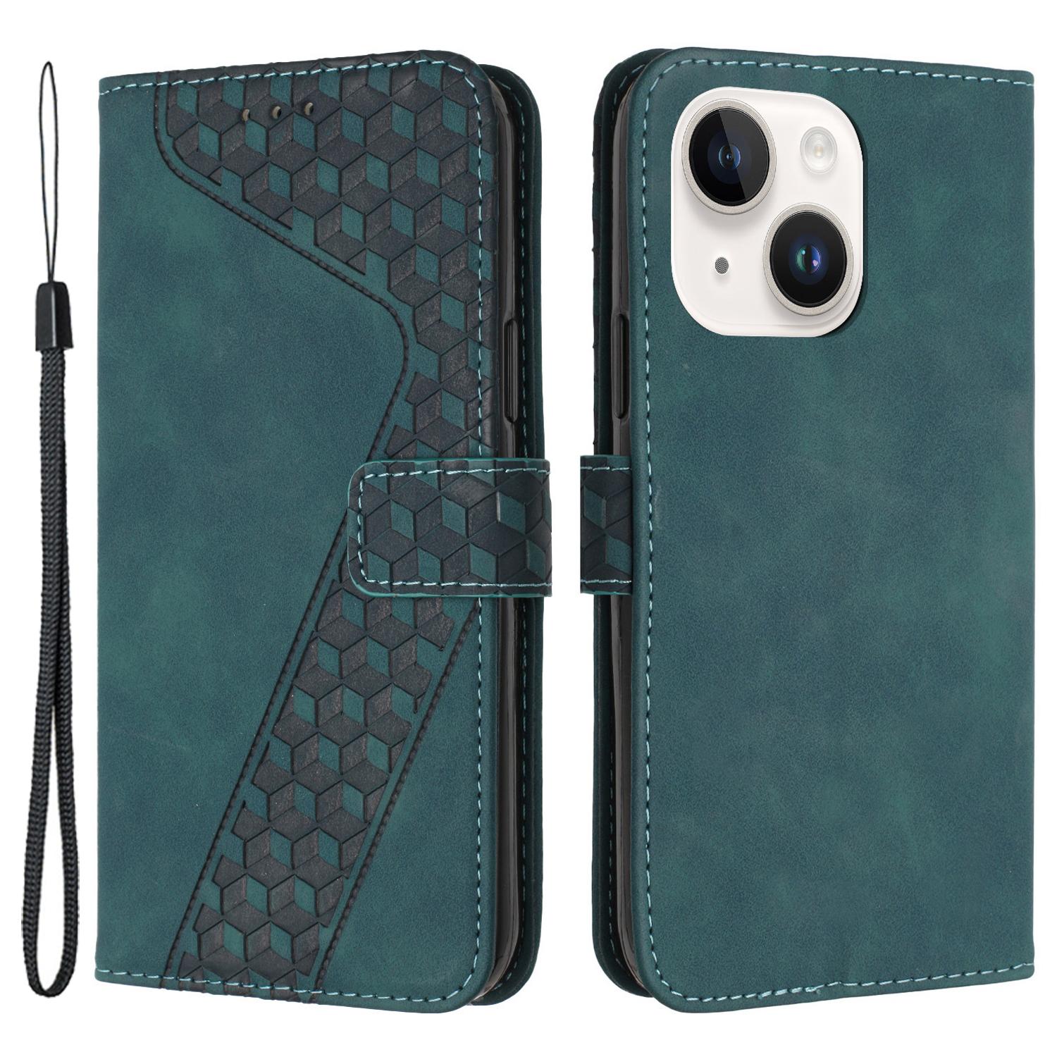 

For iPhone 13 Cover PU Leather Phone Case 7-Shape Imprinted Anti-scratch Phone Shell Green