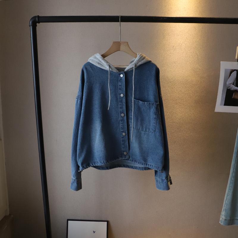 [Bi Zheng] 2025 Korean Style Patchwork Hoodie: Women's Two-Piece Loose Denim Shirt