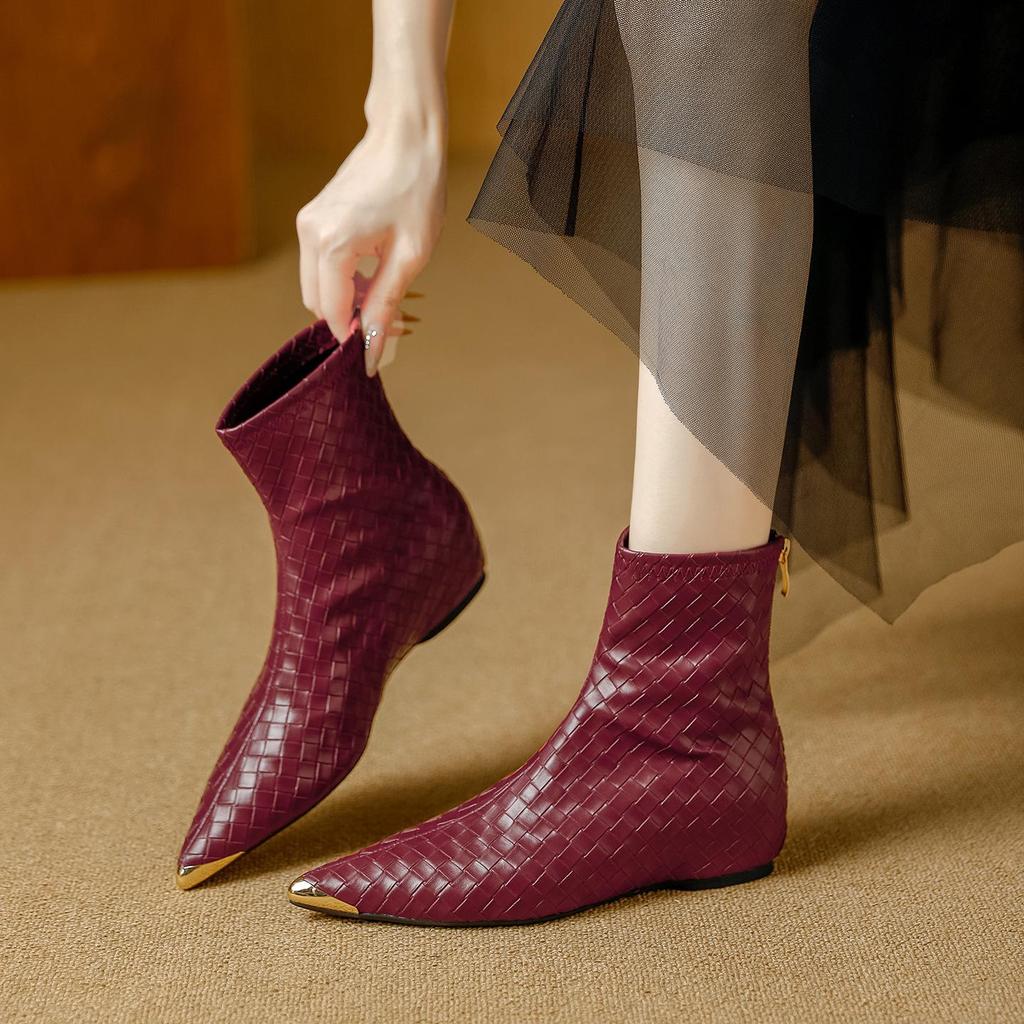 Women's Retro Pointed Toe Ankle Boots - Woven, Slimming Design & Inner Lift for 2025 Autumn/Winter Collection.