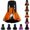 Women Crew Neck Halloween Print Dress Long Sleeve Casual A Line Fit and Flare Dress with Waist Tie for Holiday Party