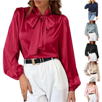 Women's Fashionable Color Round Neck Long Sleeved Lace Bow Casual Versatile Shirt Top
