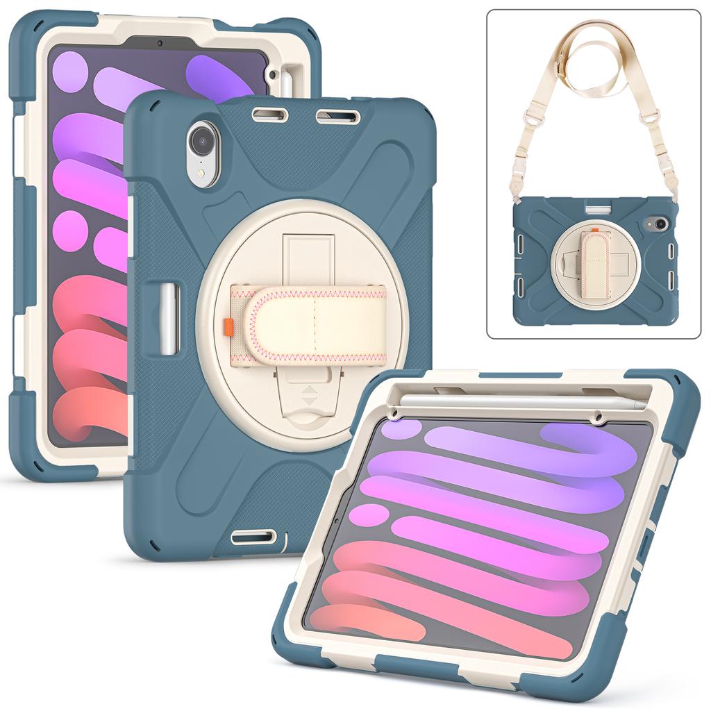 Heavy Duty Case Universal For iPad Mini 7 A17 Pro 2024 2021 8.3" Rotatable Stand Hybrid Cover With Hand Shoulder Strap, Pen Slot