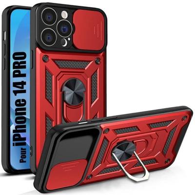 Hülle für iPhone 14 Pro - Stoßfest - Rot - Militärischer Standard - 360° drehbarer Ring - Schiebeabdeckung
