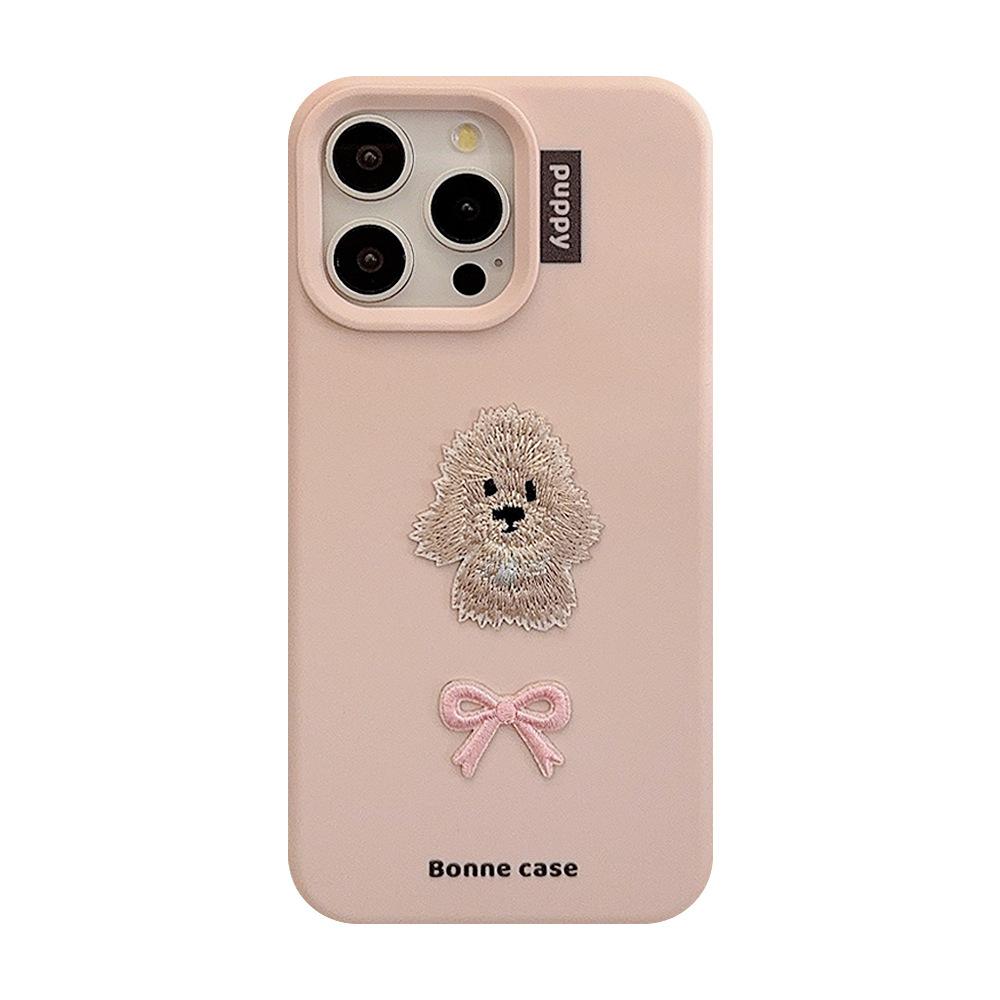 Ins Bow Embroidered Puppy 16 Mobile Phone Case Apple 17 Anti-fall Iphone15pro Max Suitable for 13 Sweet Girls