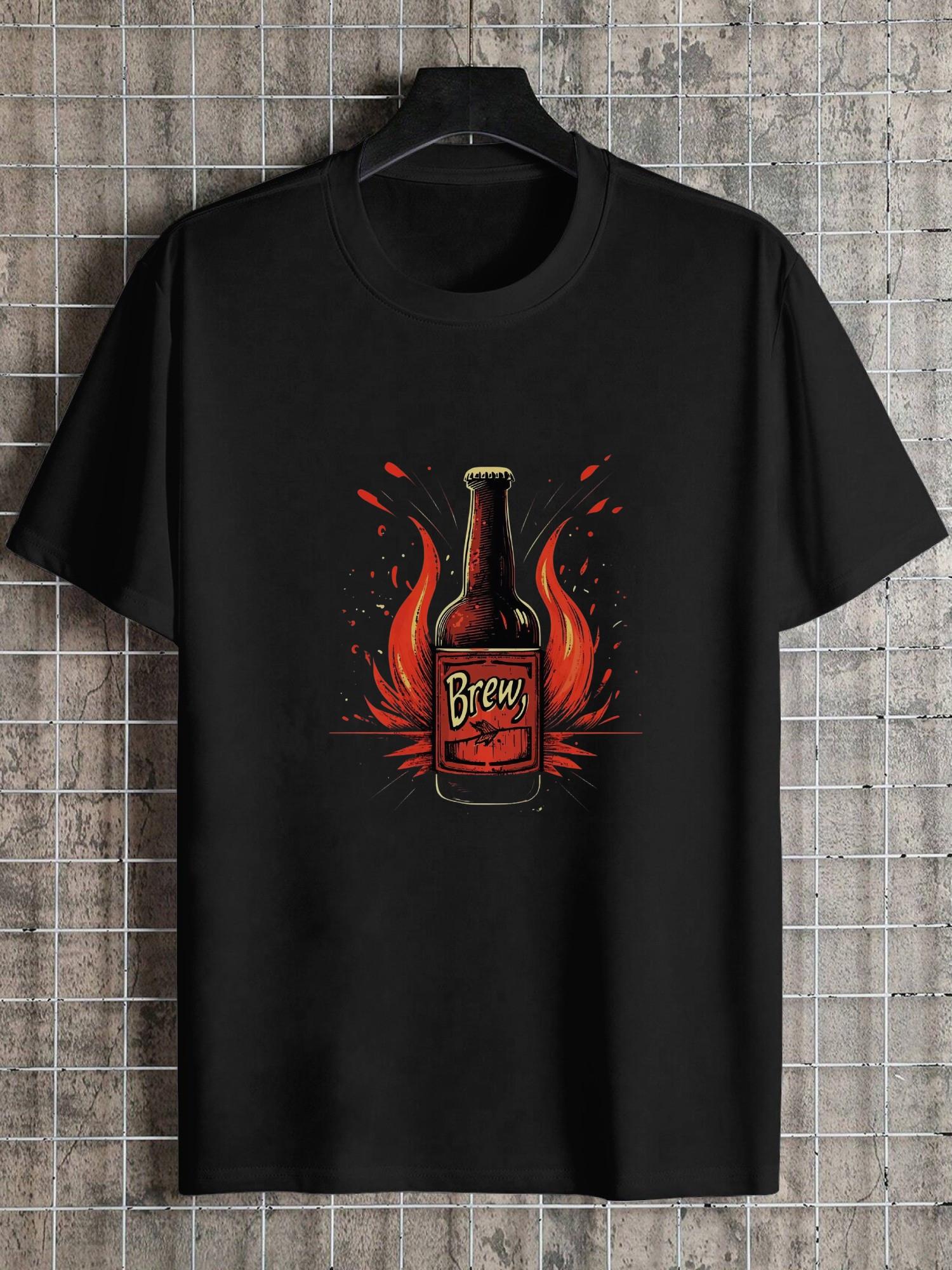 Casual Graphic T-shirt - Bold Flame & Beer Bottle Print L