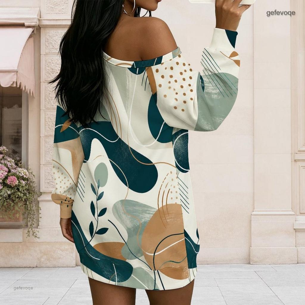 Women Plus Size One Shoulder Long Sleeve Abstract Geometric Print Asymmetric Hem Dress