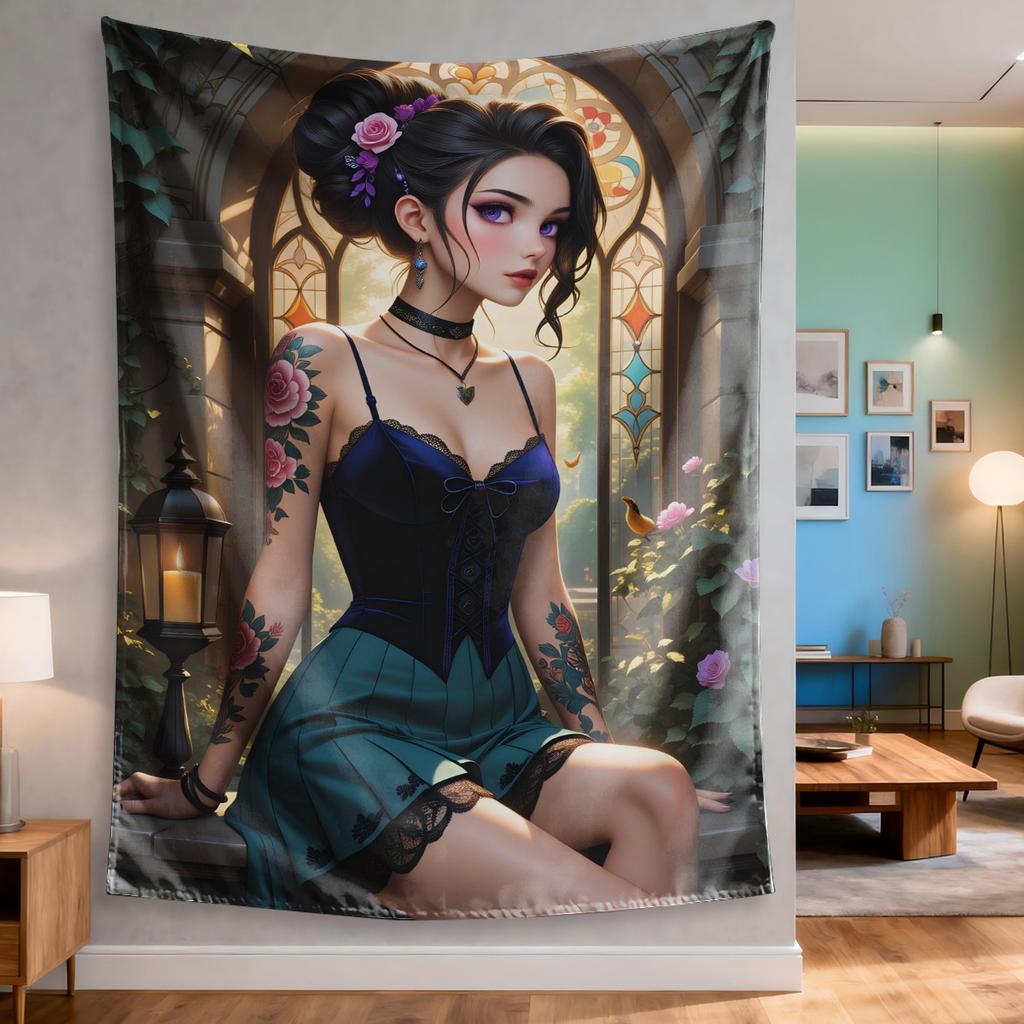 Woman With Floral Tattoos Digital Printing Polyester Wall Tapestry Suitable For Use In Living Rooms Bedrooms Offices Bars Party