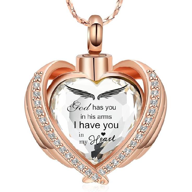 Imrsanl Angel Wing Heart Urn Pendant Necklaces for Women Girls Crystal Birthstone Cremation Jewelry Urns for Human Ashes Memorial Locket Keepsake