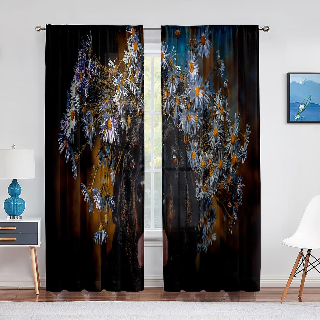 Animal Dog Australian Shepherd Lays In Pink Flowers Tulle Curtains for Living Room Bedroom Decor Transparent Sheer Voile Curtain