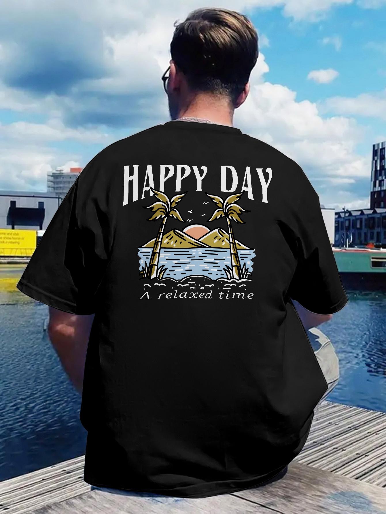 T-shirt with Summer Beach Elements Print - Casual Polyester Crew Neck L