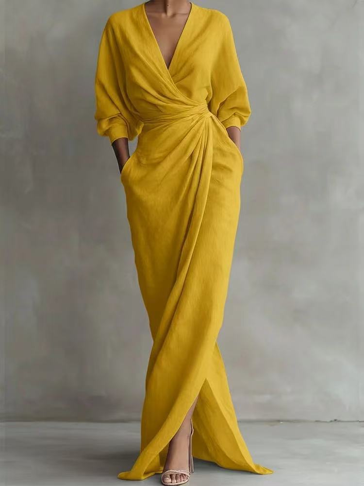 Spring Summer V Neck Waist Tshirt Dress With Slit For Vacation Travel