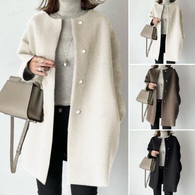 Fall Winter Women Woolen Coat Mid Length Pure Color Jacket Loose Long Sleeves Button Down Round Neck Straight Outerwear for Commuting Dating and Prom