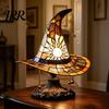Low Energy Desk Lamp Stained Glass Style Witch Hat Lamp, USB Powered Resin Wizard Night Light Retro Gothic with Sun Star, Halloween Table for Bedroom