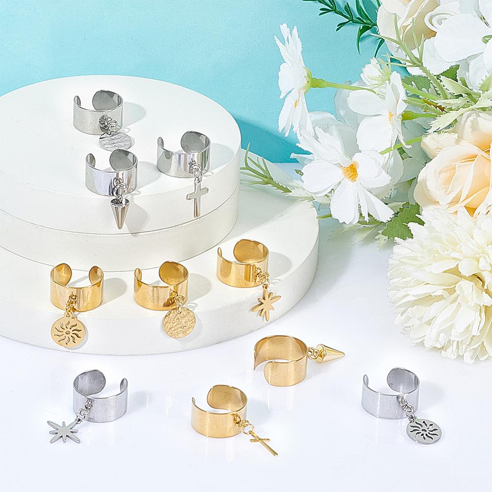 10Pcs 304 Stainless Steel Cuff Finger Rings, with Stainless Steel Pendants, Golden & Stainless Steel Color, 35mm