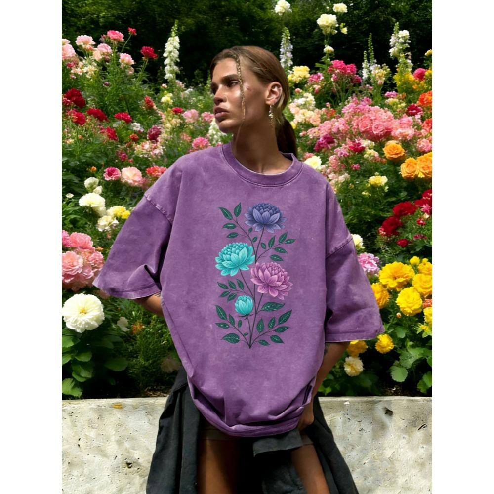 Aesthetic Flowers Branches Print Washed T-Shirt Women Breathable Cotton T Shirt Vintage Y2K Sportswear Loose Short Sleeve