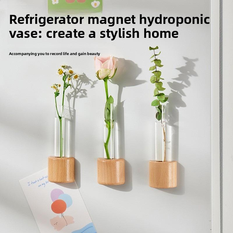 Creative Magnetic Wall-Mounted Test Tube Vase Hydroponic Flower Arranger Natural Wood Color Simple Modern Home Living Room Wall
