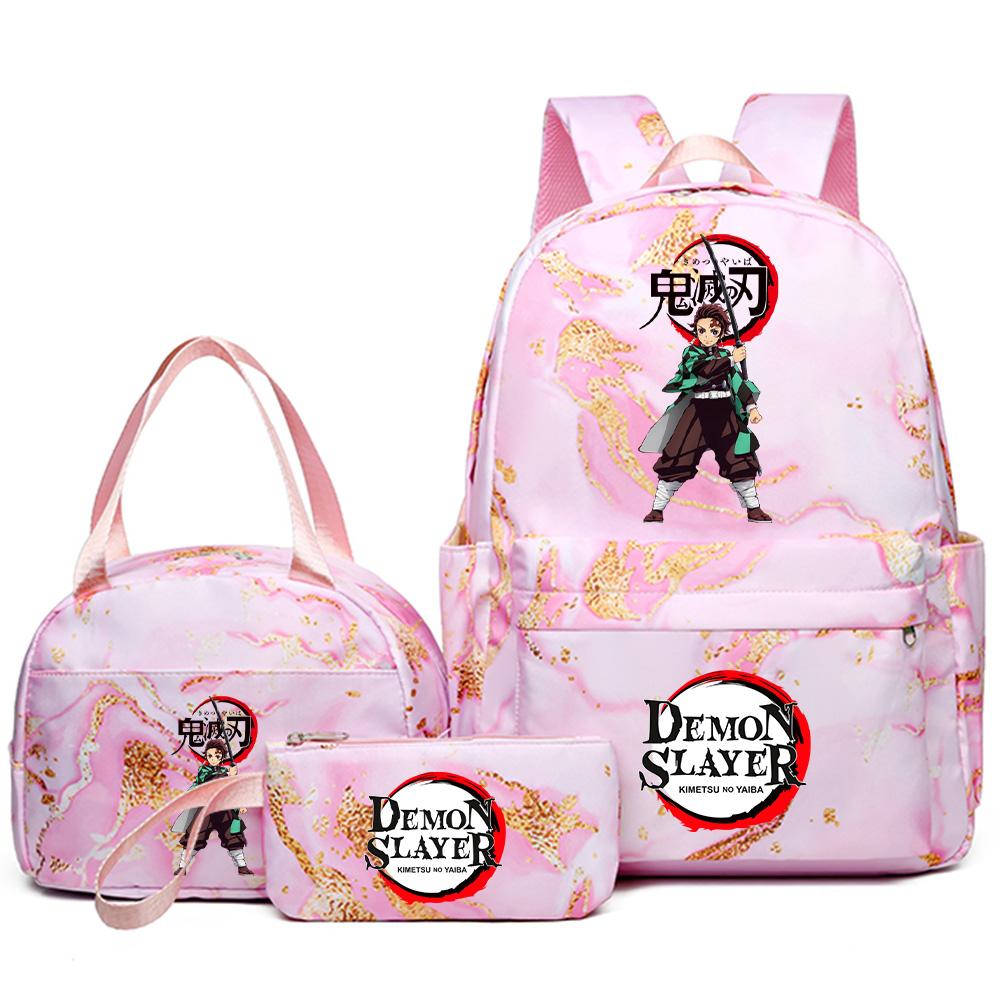 3Pcs/set Demon Slayer Printed Backpack Handbag Pencil Case for Teenager Student Girl Boy Bookbag Schoolbag Women Large Capacity Waterproof Travel Bag
