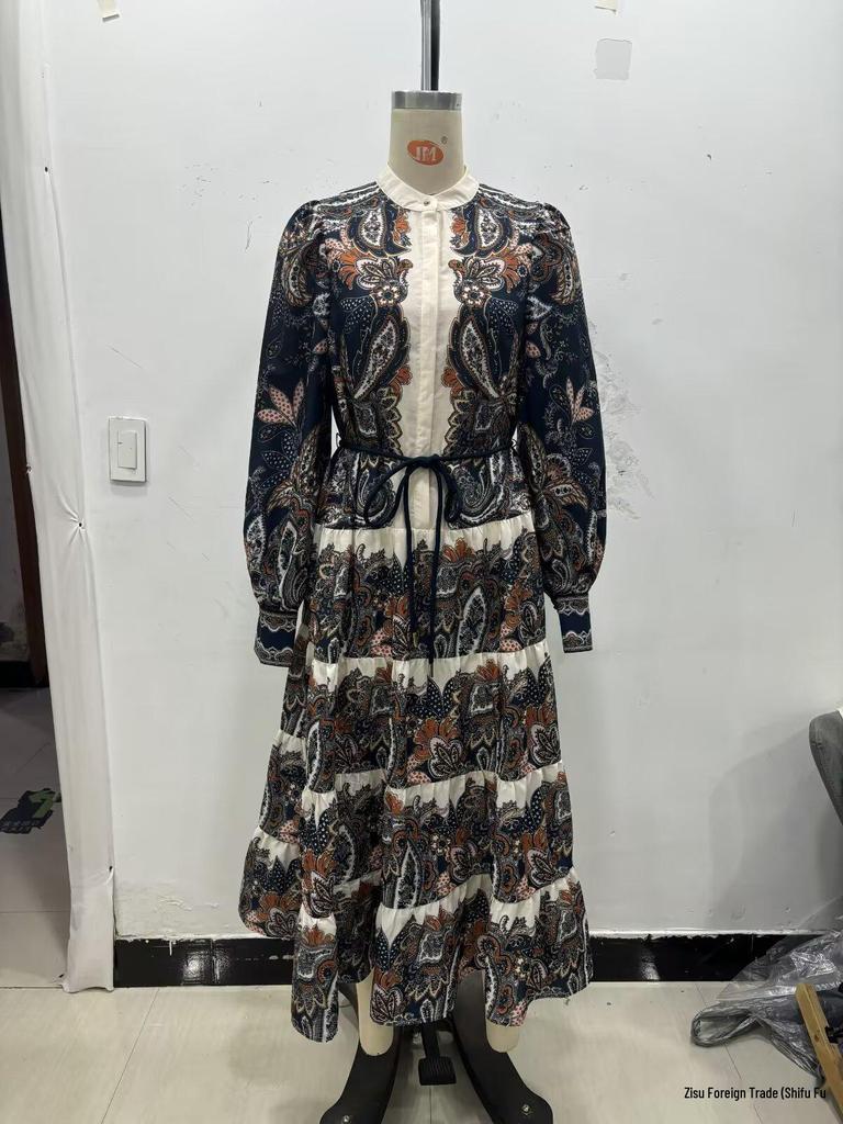 European Autumn/Winter 2025 Women's Temperament Waist-Cinching Printed Patchwork Long Dress