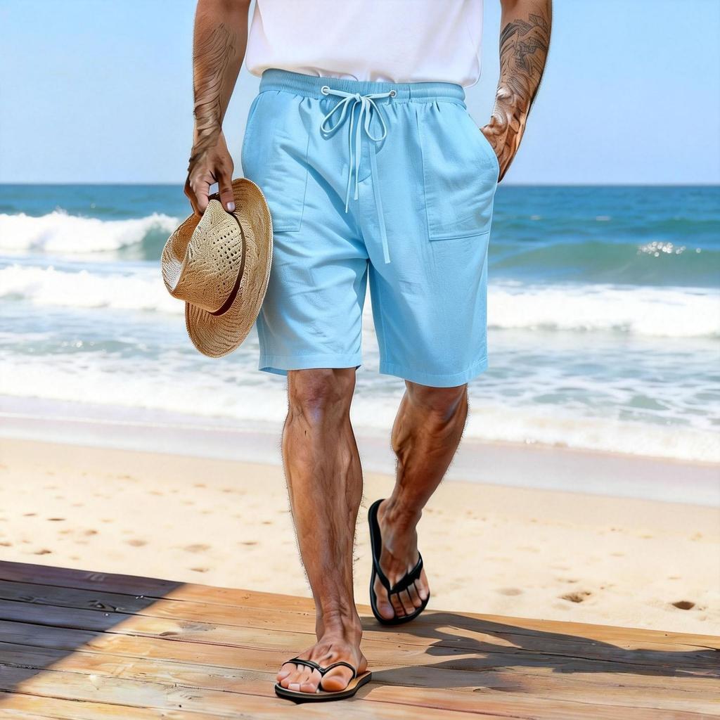 Pantaloncini in Cotone e Lino Coulisse Vita Elastica Gamba Dritta Monocolore Traspiranti Quotidiani da Spiaggia Casual