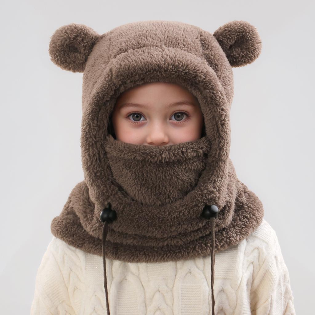 Kids Thermal Hat with Face Cover Animal Ear Flap Winter Warm Balaclava Style Integrated Neck Warmer Windproof Cold Weather Hood for Children