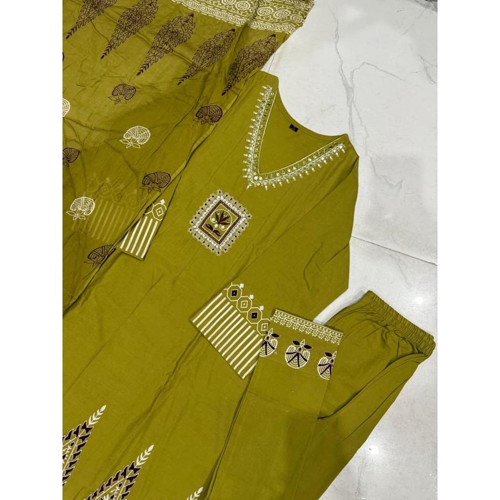 Indian Pakistani Cotton Kurta Pant Dupatta Set Bollywood Wedding Wear Kurti Set