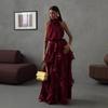New Women's Clothing Neck Holiday Style Red Bright Silk Ruffle Edge Belt Sleeveless Dress In Stock