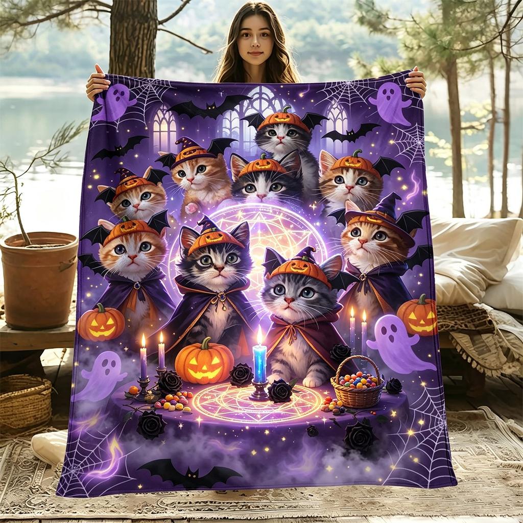 Newest Halloween Witch Kitten Pumpkin Ghost Purple Background Flannel Throw Blanket, Spooky Cat Blanket for Holiday Sofa Decor